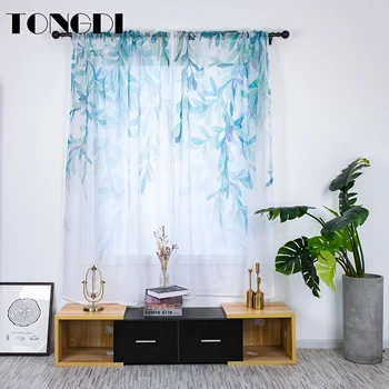 

TONGDI 2PCS White Tulle Digital Printing Curtain Elegant Leaves Transparent Decor For Home Spring Parlour LivingRoom Bedroom