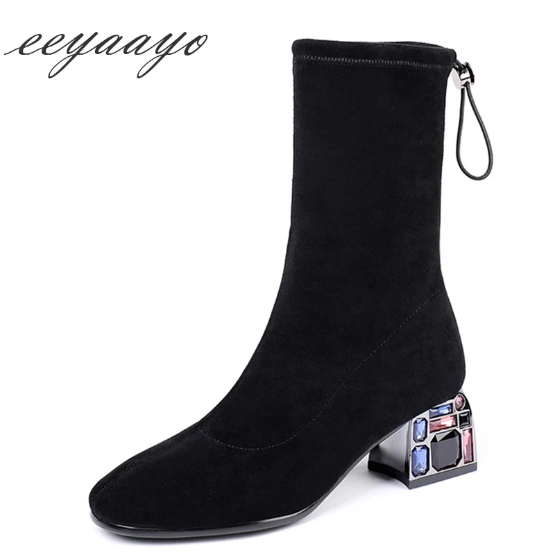 

2019 New Genuine Leather Winter Women Ankle Boots Crystal High Heel Round Toe Lace Up Women Kid Suede Shoes Black Short Boots