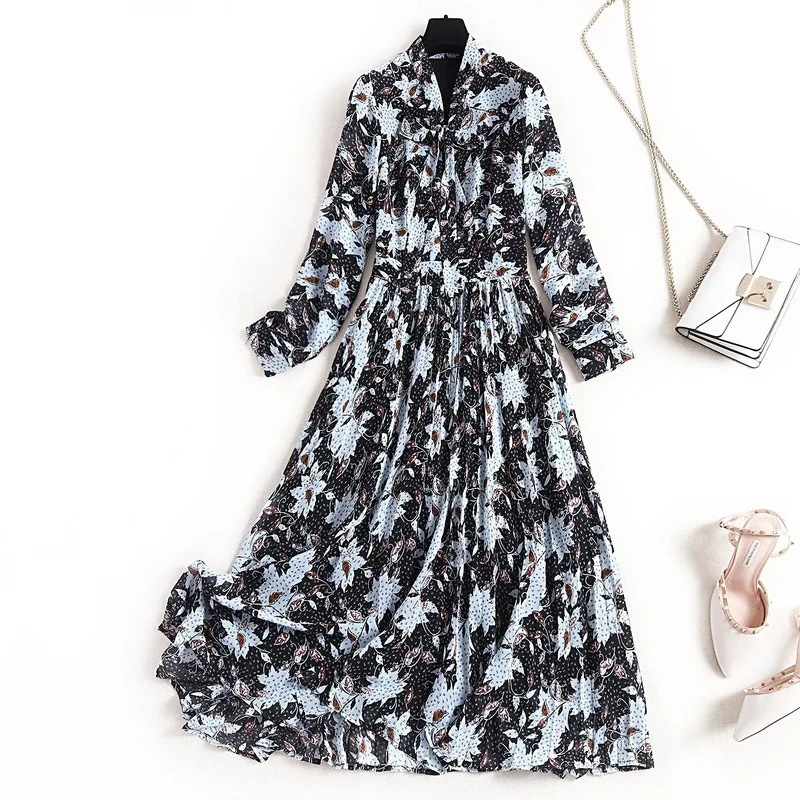 2020 Lente Nieuwe Mode Boog Hoge Taille Bloemen Gedrukt Pols Mouwen Plus Size Lange Chiffon Maxi Jurk Vrouwen 2020 Lente Nieuwe Mode Boog Hoge Taille Bloemen Gedrukt Pols Mouwen Plus Size Lange Chiffon Maxi Jurk Vrouwen