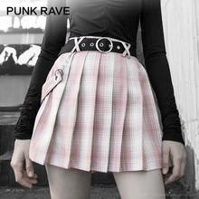 Панк RAVE девушки розовый плед плиссированные юбки с ремнем и цепочкой панк личности юбки женщин