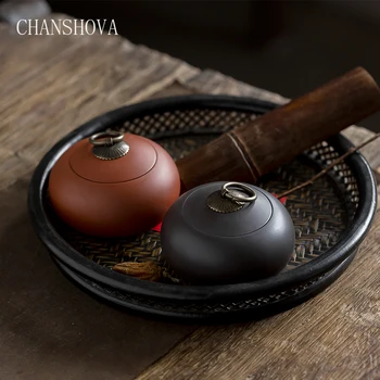 

CHANSHOVA Chinese Retro Handmade Color Glaze Purple Clay Tea Caddy China Ceramic Tea Box Metal Pull Ring Storage Container H222