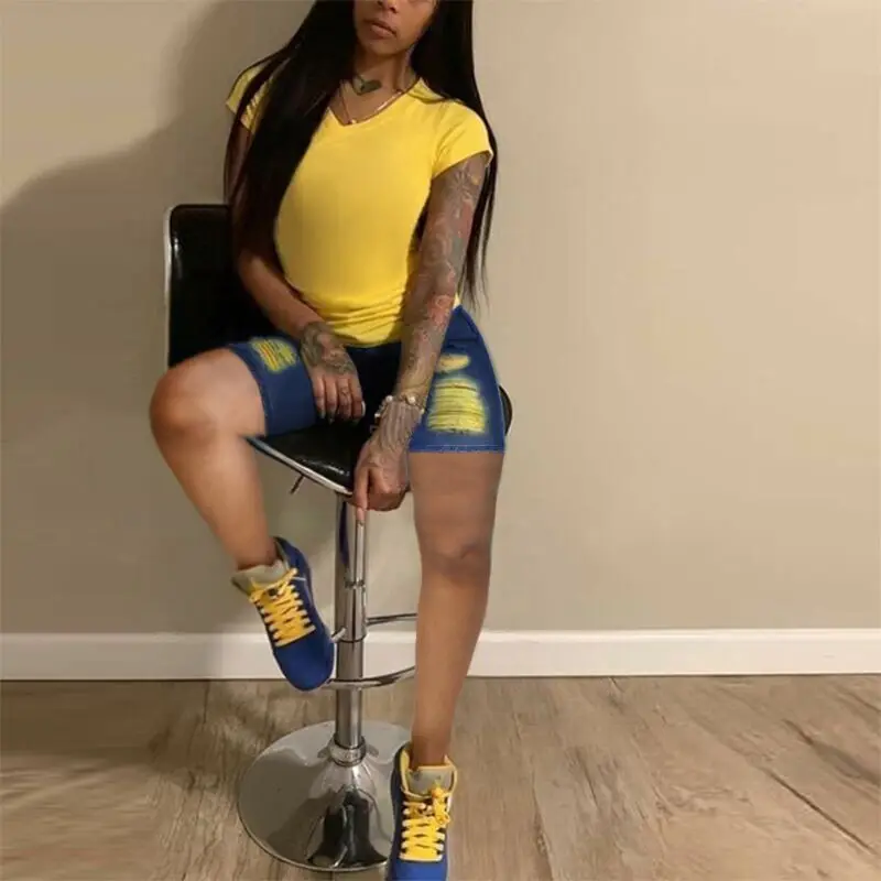 

1C new yellow yarn perforated denim shorts