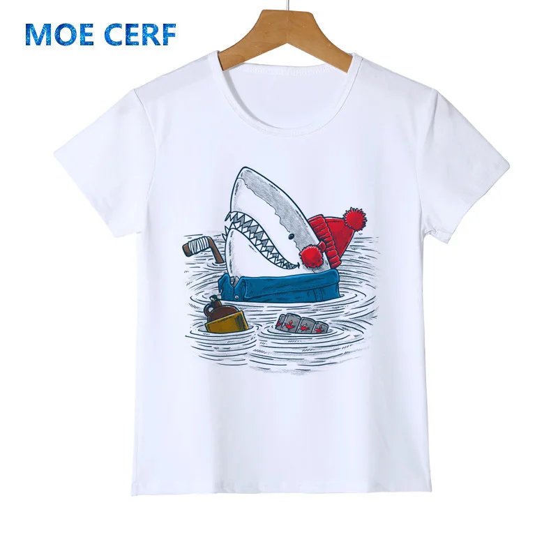 Футболка с объемным животным принтом; детская одежда с изображением акулы; Летние повседневные белые топы для мальчиков и девочек; Y51-6