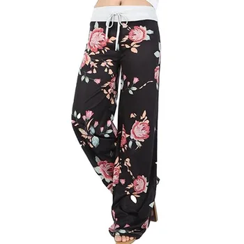 

Women Spring Autumn Print Loose Wide Leg Elastic High Waistline Tie Straight Casual Pants