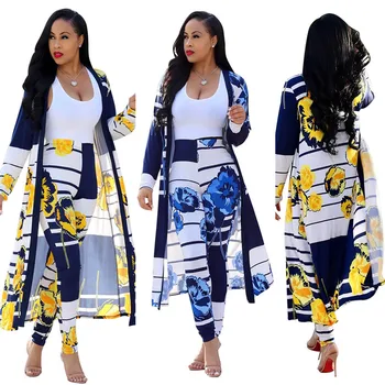 

Autumn 2 Piece Set Women Slim Fitting Ankle Length Printed Pencil Trouser with Long Cloak Office Lady Style Womens Outfits