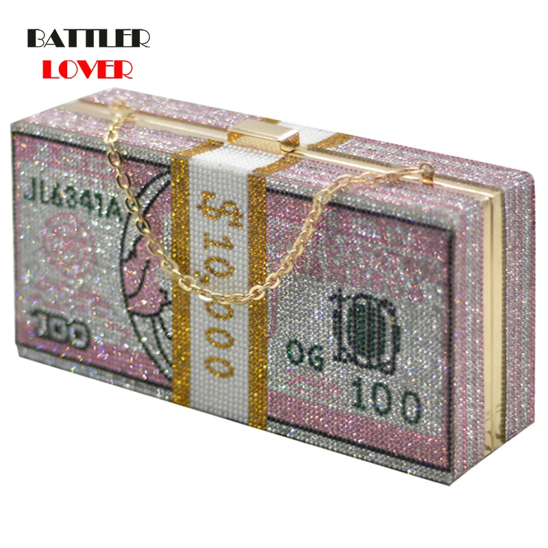 Stack of Cash Crystals Women Money Evening Clutch Bags Diamond Painting Chain Wedding Dinner Purses and Handbags Luxury Female