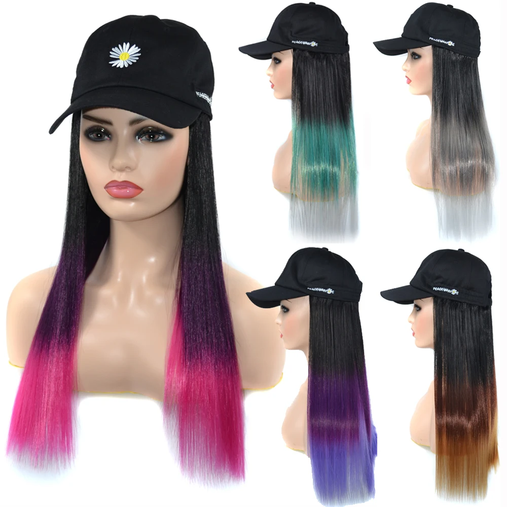 

Synthetic Wigs Black Baseball Cap Straight Wigs For Women 24 Inch Long Ombre Color Connect Hair With Adjustable Hat