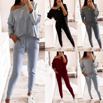 

Sexy Ribbed Women 2 Piece Set Solid Shoulder Long Sleeve Cropped Blouse Lace Up High Waist Elastic Pants Women Set Suits
