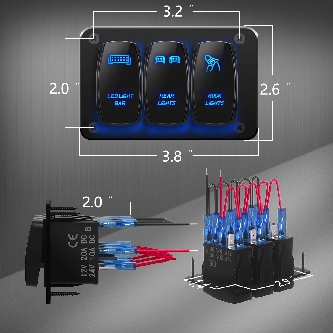 MICTUNING 4 Gang Aluminum Rocker Switch Panel - 5 Pin & 7 Pin Laser Switch  with Blue Backlit LED Pre-Wired for 12V 24V Car Truck Boat Marine ATV UTV