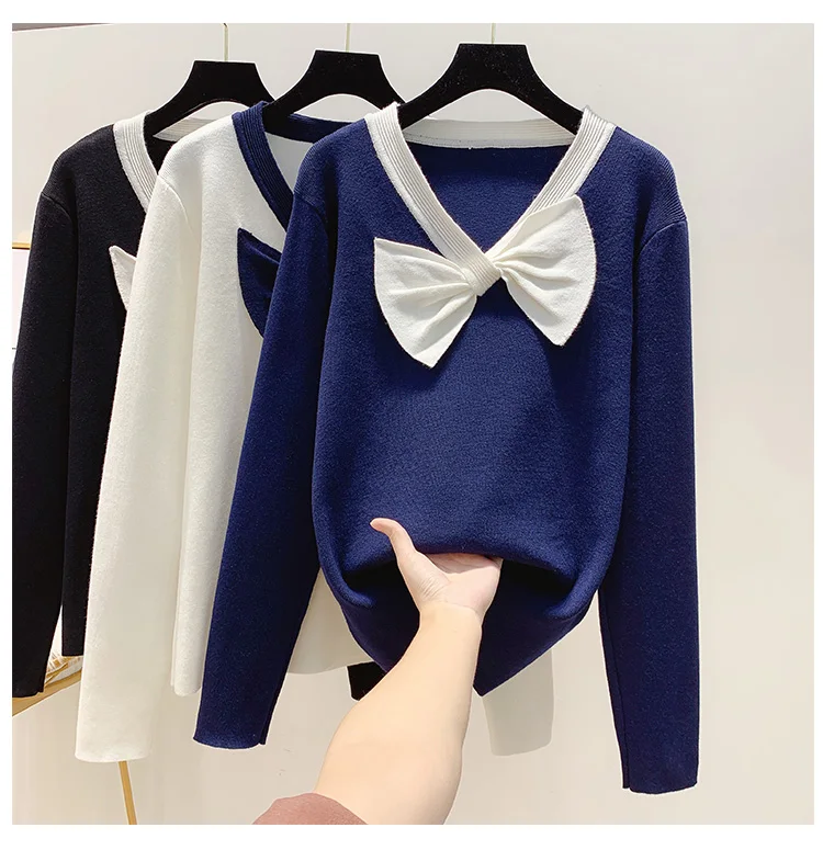 

Women Autumn Sweater Jumper New Bow V Neck Contrast Color Long Sleeve Sweater Top Trend Girls Ladies Sweter Pull Femme Sweaters