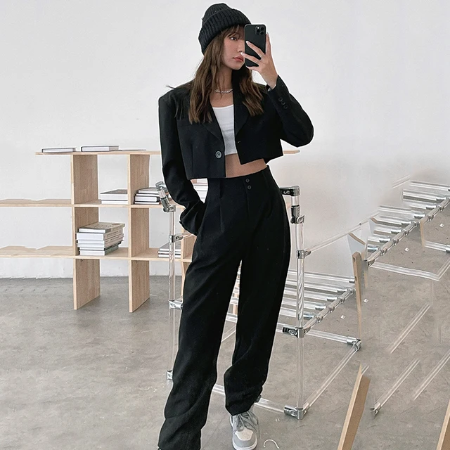 Women Sexy One Button Casual Cropped Blazer Jacket+High Waist Straight Draping Effect Pants 2021 Autumn Korean Harajuku Suits 6