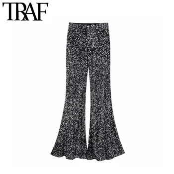 

TRAF Women Vintage Sexy Sequin Flare Pants Fashion Zipper Fly Office Wear Female Trousers Chic Pantalones Mujer