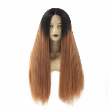 

26inch Long Kinky Straight Synthetic Hair Lace Wigs For Women Ombre Brown Color Glueless Lace Front Wig With Natural Hairline