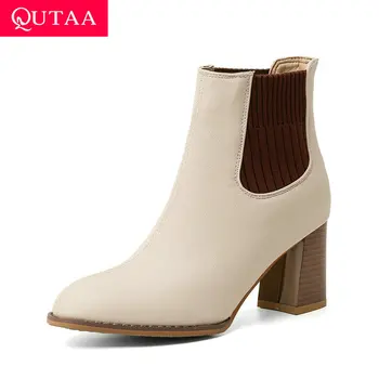 

QUTAA 2021 PU Leather Ankle Boots Fashion Square High Heel Women Shoes Casual Round Toe Autumn Winter Ladies Pumps Big Size34-43