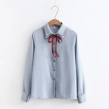 

Korean Style Women's Shirt Sweet Lace-up Bow Loose Solid Double-layer Collar Long Sleeve Shirt Women's Clothing