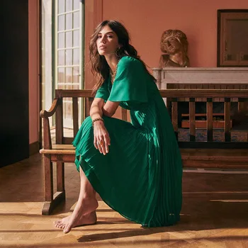 

Pleated Midi Dress Women Summer Elegant V Neck Flare Sleeve Mint Green Crepe Party Dress 2020 Vintage Women Robe Vestidos Spring