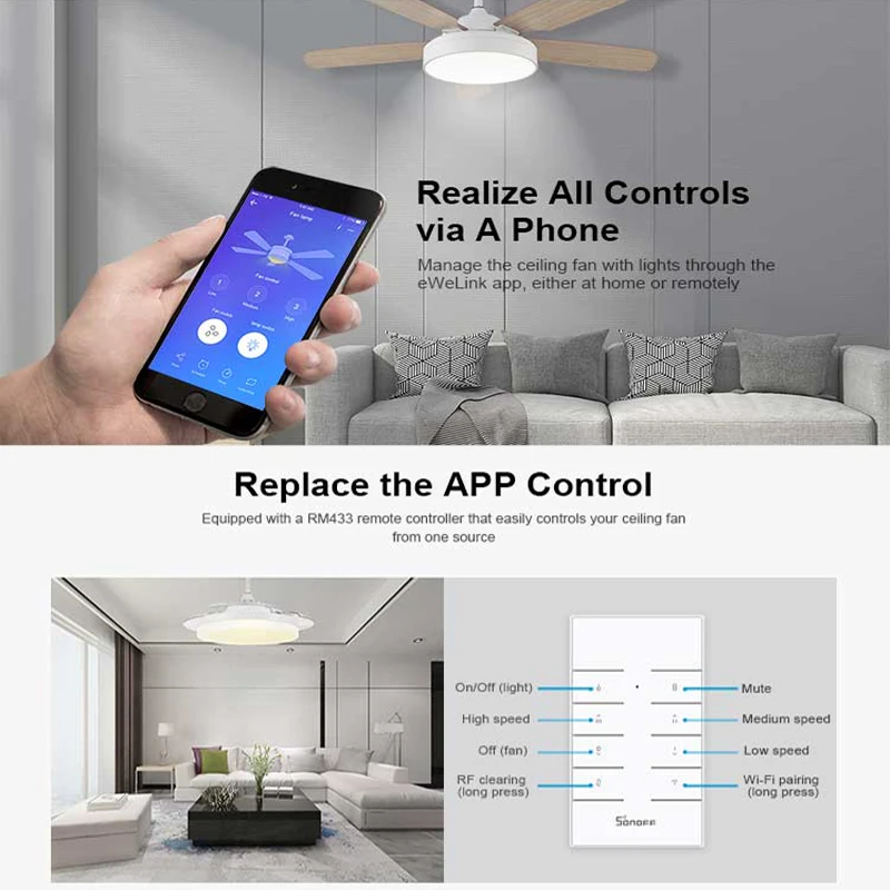 Потолочный вентилятор и светильник SONOFF iFan03 Wi Fi контроллер RM433 дистанционное
