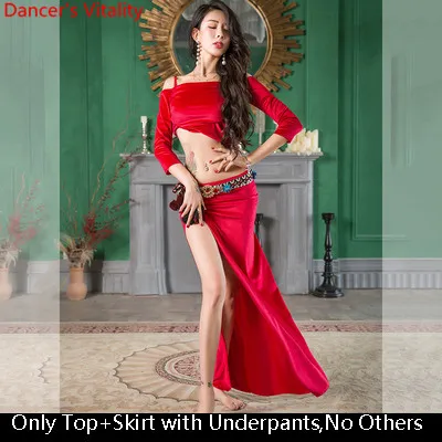 Top Skirt as Photo Одежда для танца живота, тренировочная одежда, Осенний велюровый топ с открытыми плечами, длинная юбка, набор, 3 цвета, для восточных индийских танцев, начинающих, группа, костюм - Цвет: Top Skirt as Photo