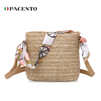 

PACENTO New Arrvial Small Straw Bucket Bags Women Handbag Summer Beach Bag Rattan Bag with Scarf Crossbody Messenger Borsa Donna