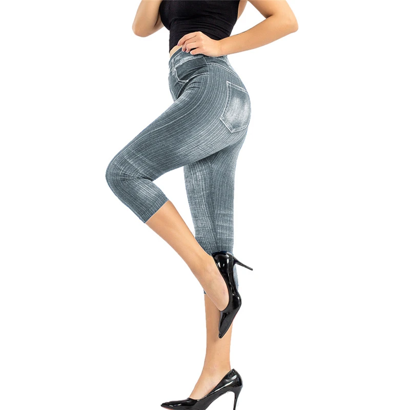 Summer Women Fashion High Waist Skinny Jeans Knee Length Denim Capri Pants High Waist Skinny Jeans Knee Length Denim Pants capri leggings