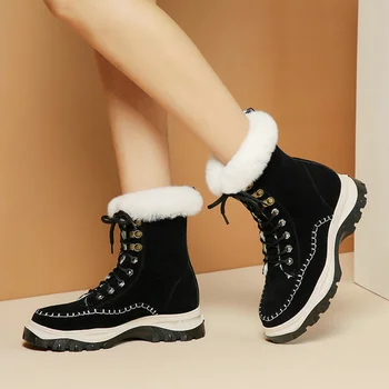 

EshtonShero Shoes Woman Ankle Boots Down Leather Round Toe Med Heels Fur Winter Platform Ladies Motorcycle Snow Boots Size 3-9