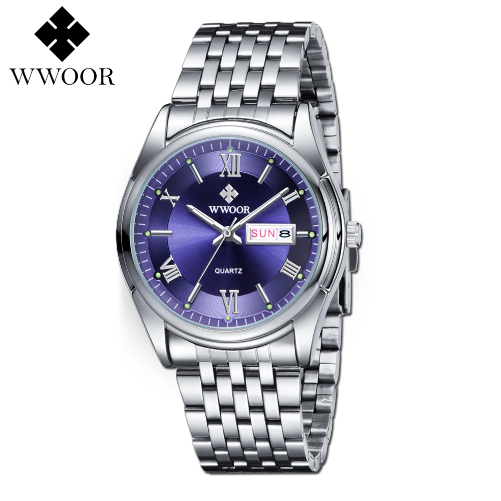 

WWOOR Top Brand Luxury Men Watches Auto Date Luminous Waterproof Male Clock Silver Stainless Steel Business Sport Quartz Watch