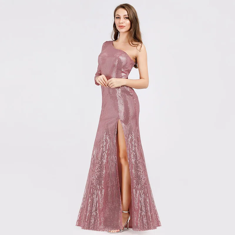 

2020 New Fall One-shoulder Squeins Evening Dress Sexy Mermaid Floor-length Split Front Dress Single long Sleeve for Party