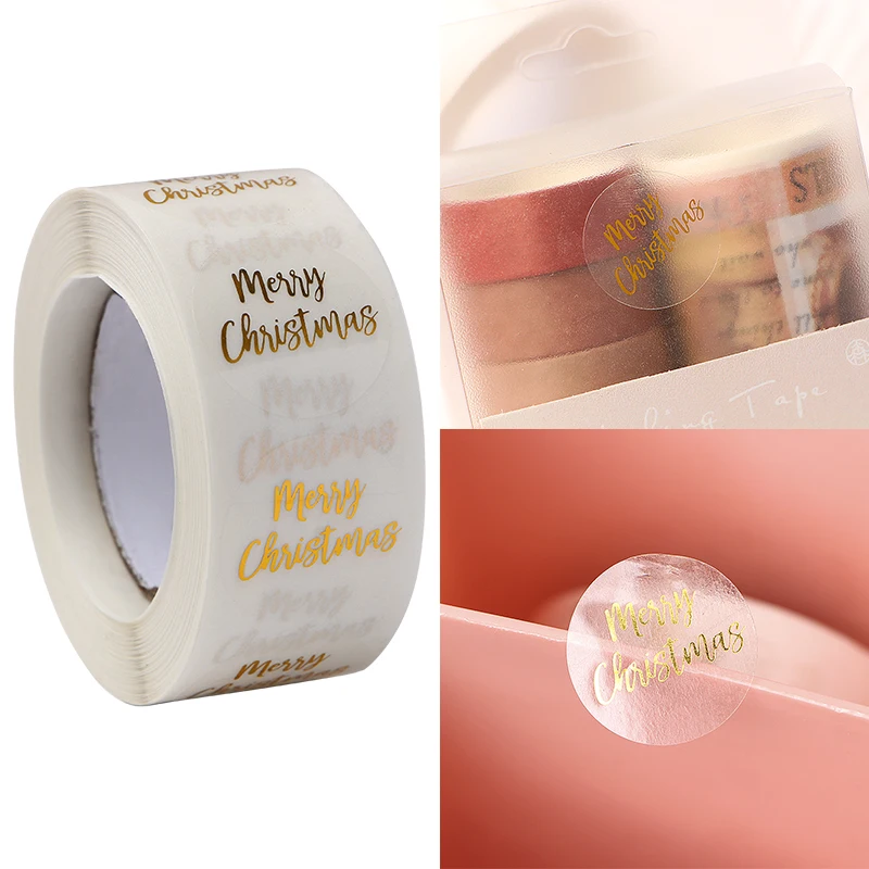 

500pcs/roll 2.5cm Gilled Merry Christmas Stickers Round Plastic Transparent Party Gift Seal Label Decoration Stationery Sticker