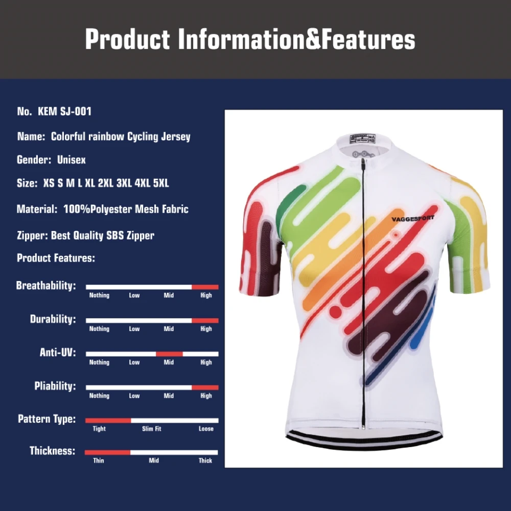 KEMALOCE Cycling Jersey Colorful Compressed Outdoor Unisex Bicycle Cycling Wear Cool Breathable Full Zipper Bike Uniforms