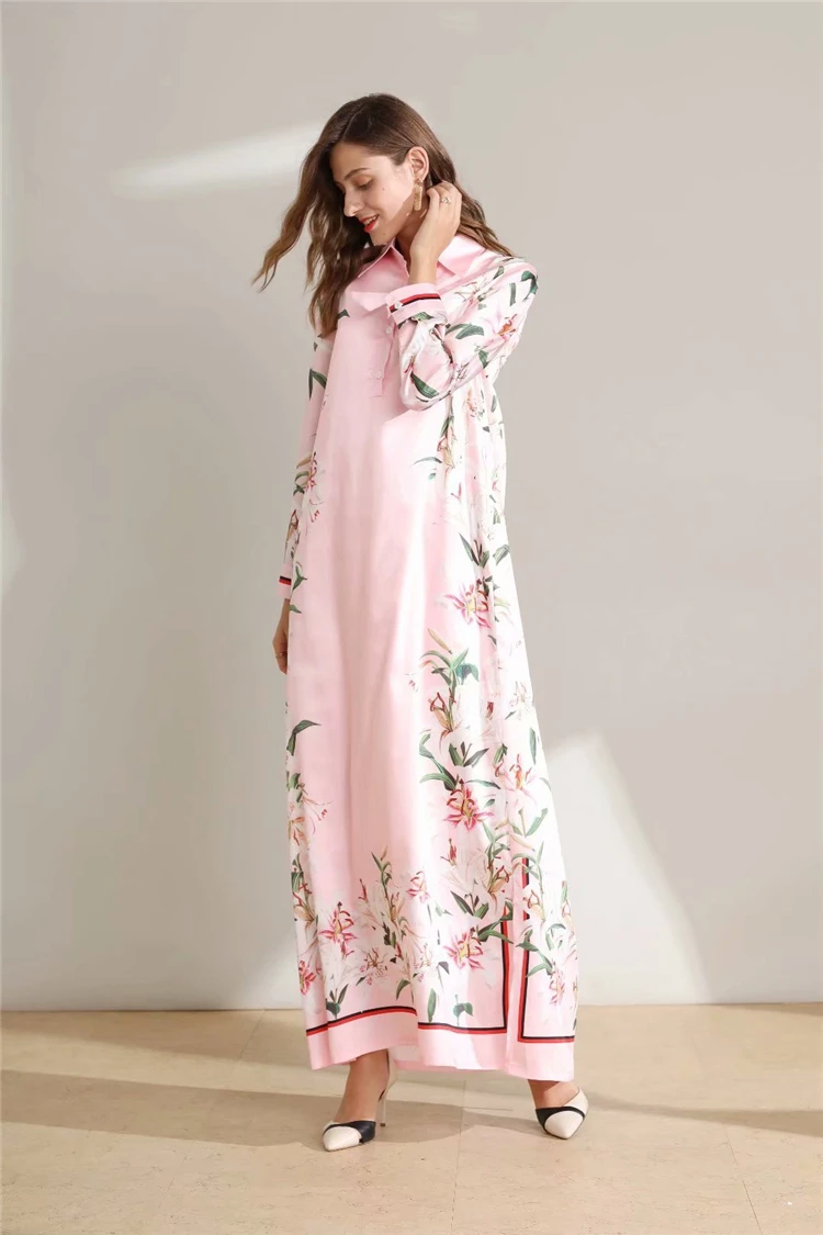 MoaaYina модное дизайнерское подиумное платье Осень Зима Женское платье длинный рукав Лилия цветочный принт свободный халат Макси платья