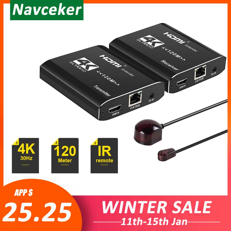 2020 4K HDMI удлинитель ИК 120 м RJ45 3D приемник передатчик Cat5e/Cat6 кабель для PS4 Apple TV|Кабели
