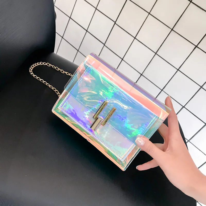 

Personality Colorful Laser Tote Bag Shoulder Messenger Bag Female Bag Transparent Color Color Change Bag Ms. 2019 New Jelly Pack