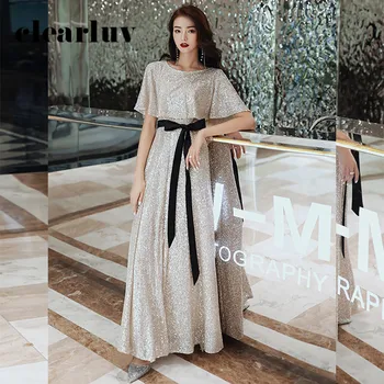 

Silver Sequin Women Party Dresses DR347 O-Neck Cap Sleve Evening Gowns A-Line Robe De Soiree Ankle-Length Vestidos De Fiesta