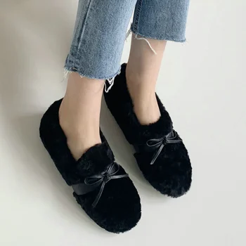 

EshtonShero Shoes Women Snow Boots Flat Heels Winter Keep Warm Round Toe Fur Butterfly-Knot Ladies Ankle Boots Size 3-9