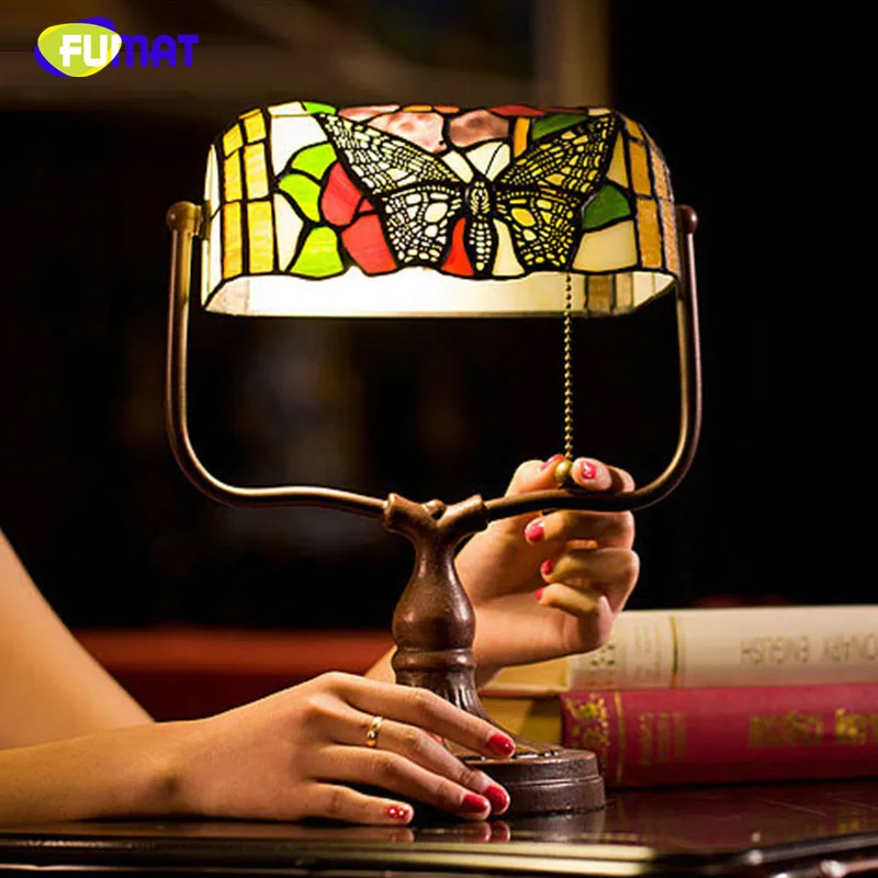 

FUMAT Dragonfly Table Lamp Flower Stained Glass E27 LED Bedroom Bedside Table Lamps Bank Tiffany-Style Home Art Deco Desk Light