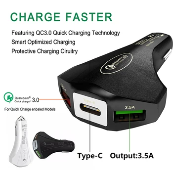 

3 Ports 18W QC3.0 Fast Charging Car Cigarette Lighter Charger +Type-C Cable Car USB Charger Adapter Sockets Accessories