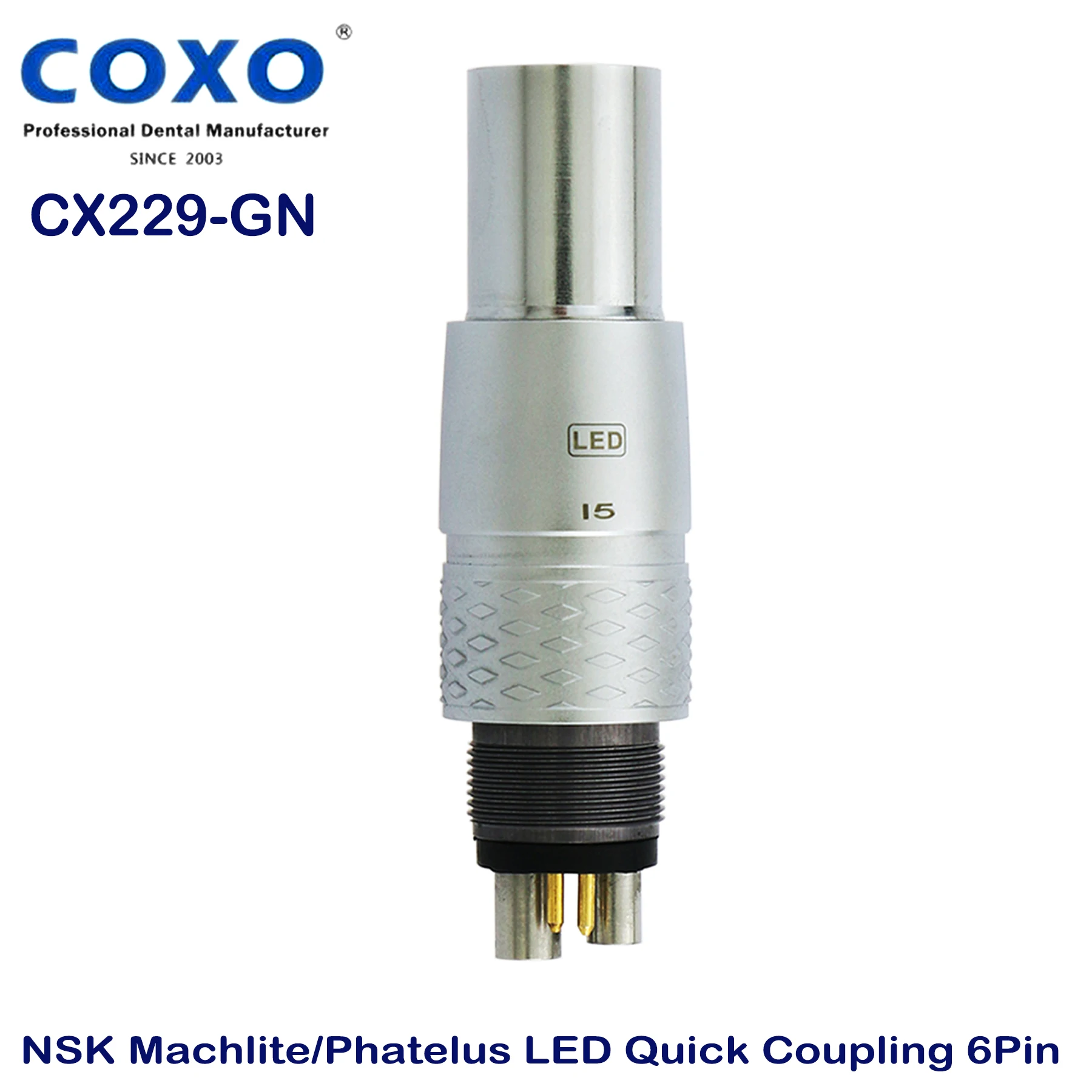 

COXO Dental NSK Machlite Phatelus Type Coupler Coupling 6Pin 6Holes CX229-GN For LED Fiber Optic High Speed Turbine Handpiece