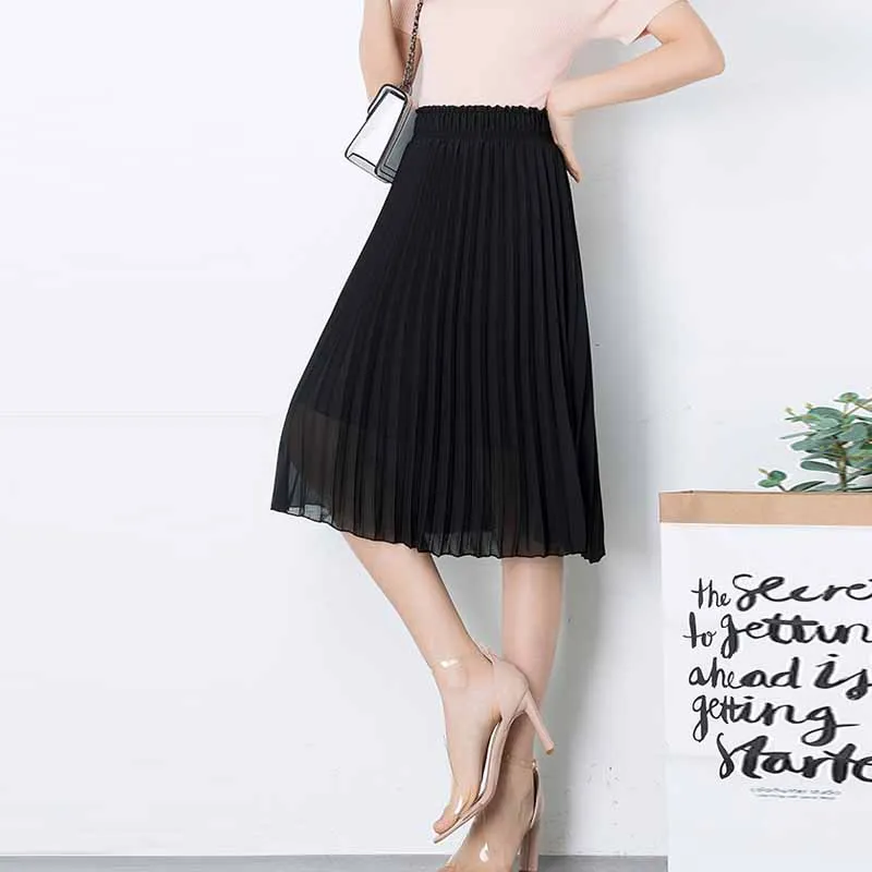 

2019 Spring Autumn Fashion Pink Skirts Women Solid Chiffon Vintage Knee Length Elastic Waist Skirt High Waist Pleated Skirt