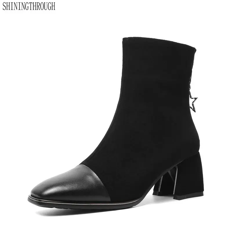 

Fashion suede Leather Square Toe Women Ankle Boots High Heels Party Dancing Shoes Woman Winter Warm Big Size Boots