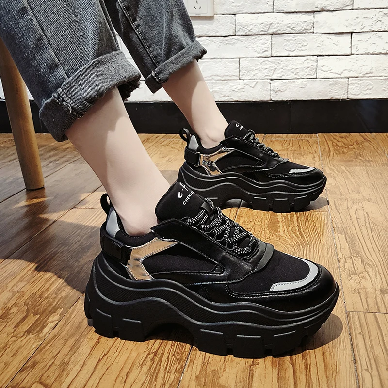 Zapatillas de deporte blancas y negras con plataforma alta para niñas y  papá, zapatos casuales de moda para mujeres, zapatillas de suela gruesa  antideslizantes resistentes al desgaste 2019 - AliExpress
