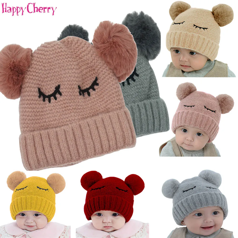 Happy Cherry/зимняя детская шапка с помпоном; вязаная Милая шапочка для девочек и мальчиков; повседневные однотонные детские шапки для девочек