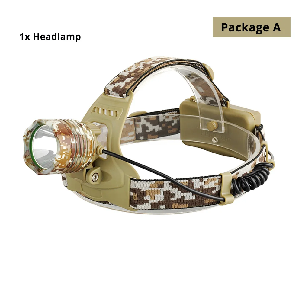Package A Камуфляжный светодиодный налобный фонарь Водонепроницаемый T6 светодиодный налобный светильник светодиодный налобный фонарь лампа для кемпинга походный рыболовный светильник с 18650 батареей - Испускаемый цвет: Package A