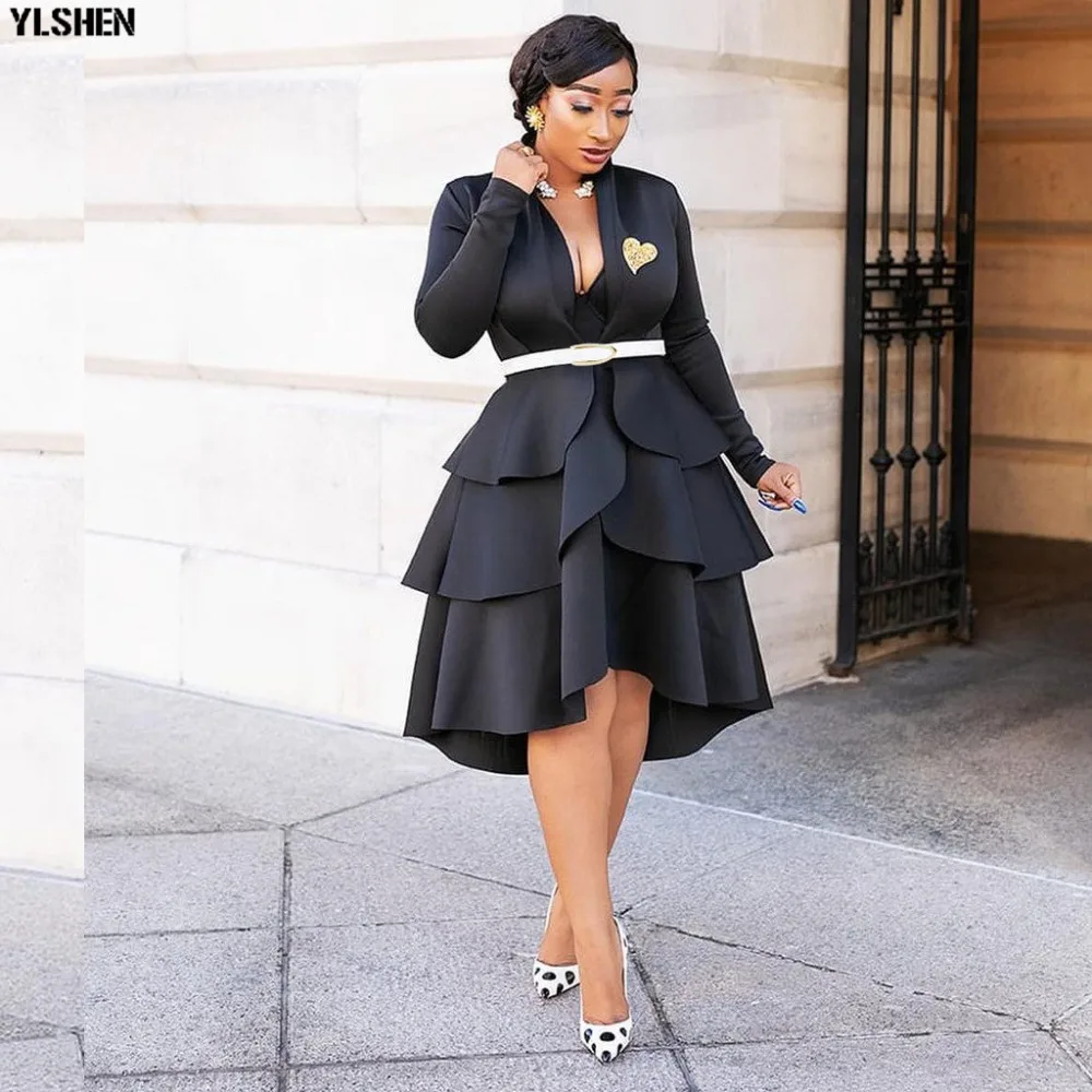 Black Red African Dresses for Women Solid Africa Dress African Clothes Fashion Falbala Evening Dress Robe Africaine Femme 2019 16