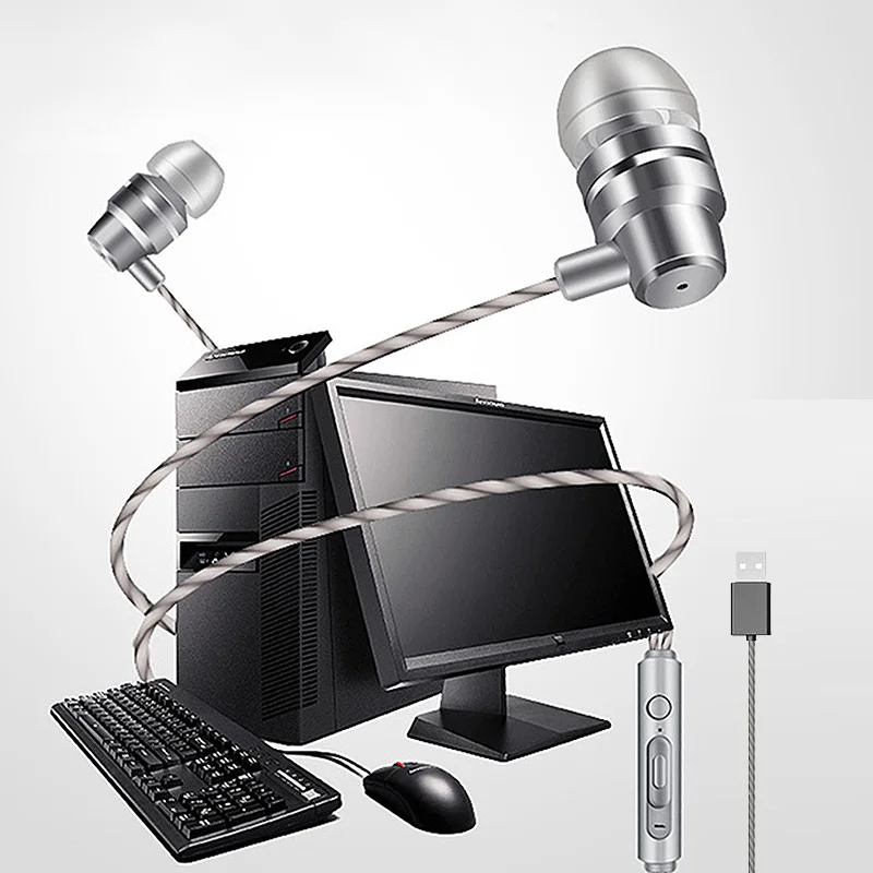 HiFi Game Headset Metal Wire Control Stereo Subwoofer Noise Reduction Headphone Speakers with MIC USB Earphone