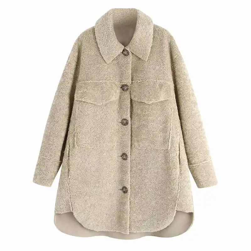 TRAF, Женская винтажная стильная свободная флисовая куртка с карманами, модное пальто с длинным рукавом и боковыми отверстиями, женская верхняя одежда, шикарные топы