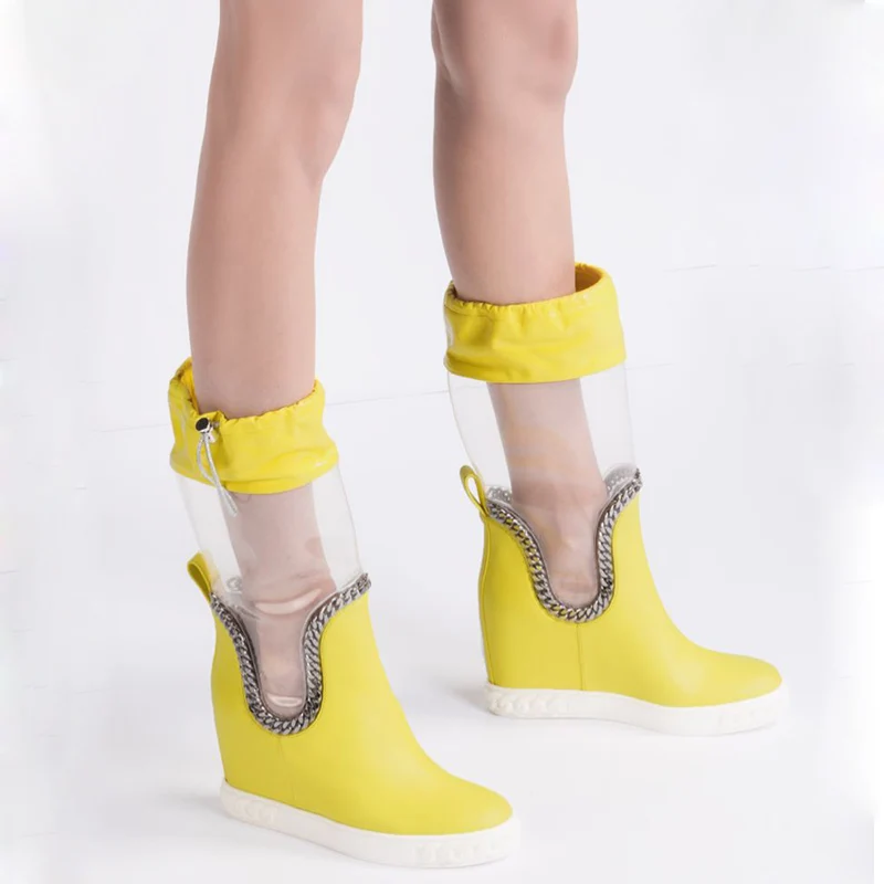 

Ladies Clear PVC Patchwork Metal Chains Boots Height Increasing Transparent Elastic Mid-calf Bright Color Cow Leather Bottines