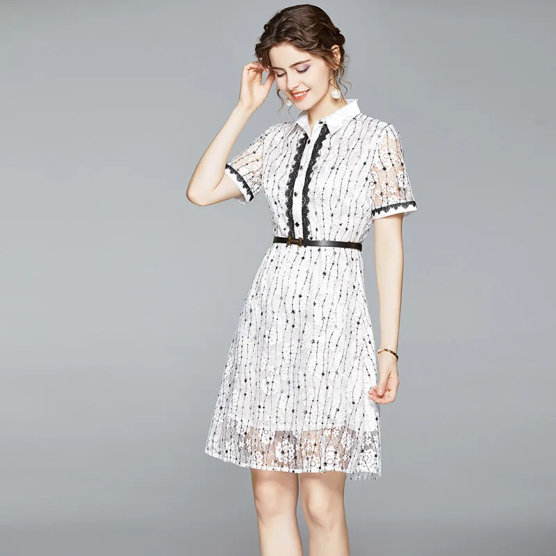 JSXDHK Summer Lapel Collar Lace Shirt Dress Elegant Women White Striped