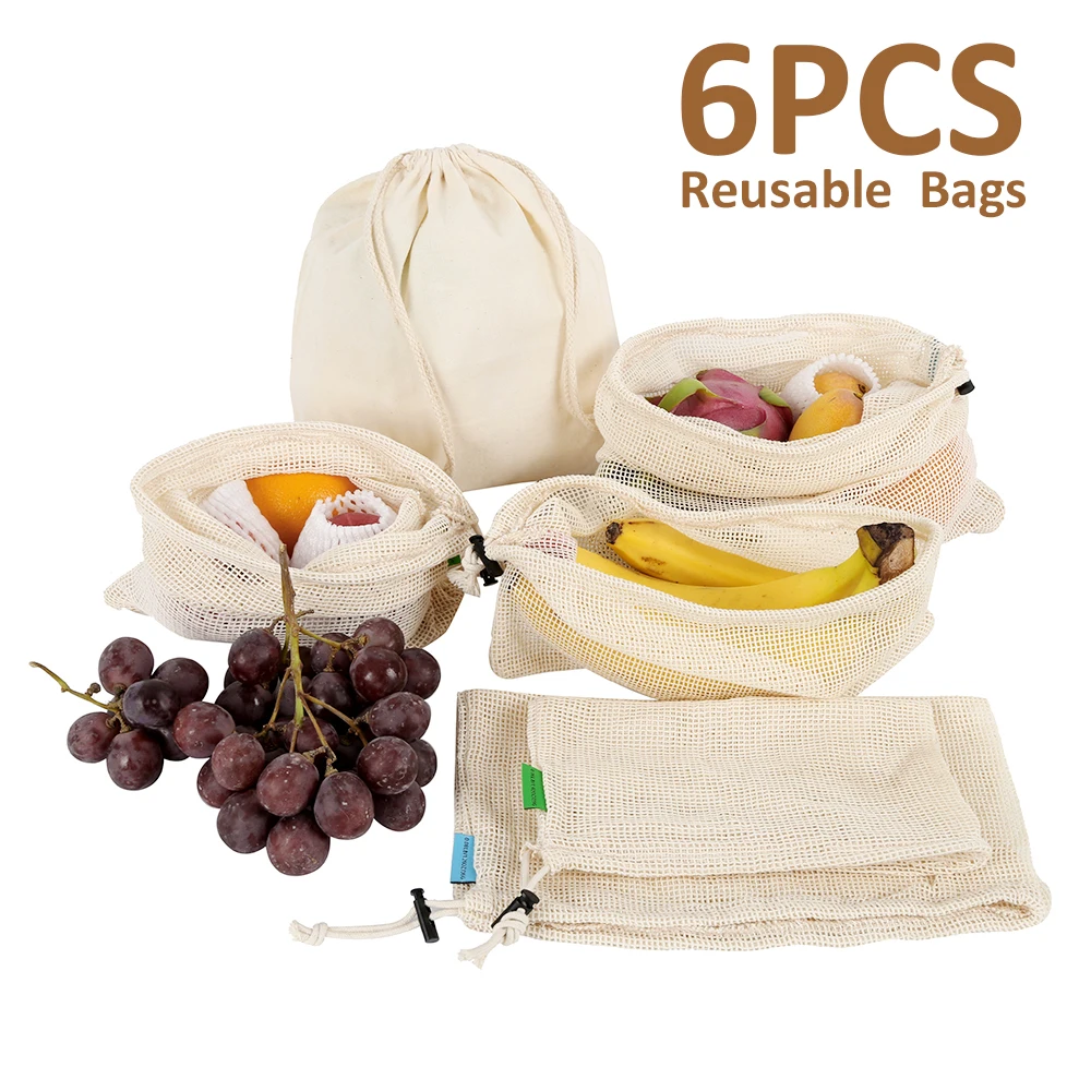 

6pcs/set Reusable Cotton Vegetable Bags Home Kitchen Fruit And Vegetable Storage Mesh Bags With Drawstring Machine Washable