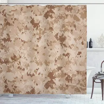 

Camo Shower Curtain, US Marine Desert Marpat Digital Texture Background in Brown Colors, Cloth Fabric Bathroom Decor Set with