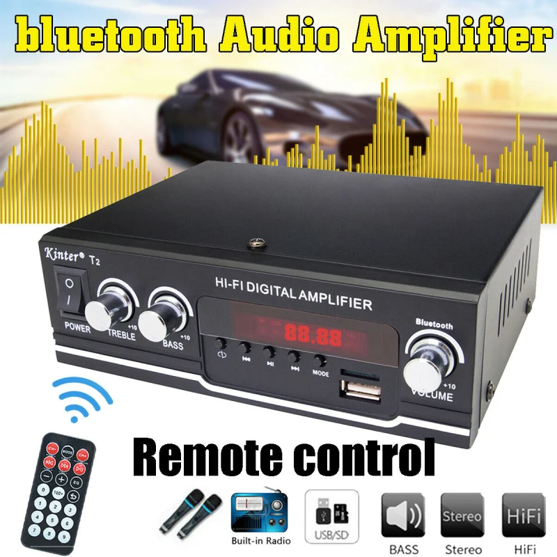 Car Power Amplifier Kinter T2 Digital Audio Player 2CH 20W Hi-Fi Stereo Treble BASS DC12V 220-240V USB SD MP3 FM Radio audio amplifier